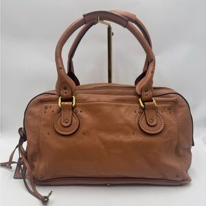 Auth Chloe Caramel Brown Leather Studded Auore Top Handle Duffel Tote Bag